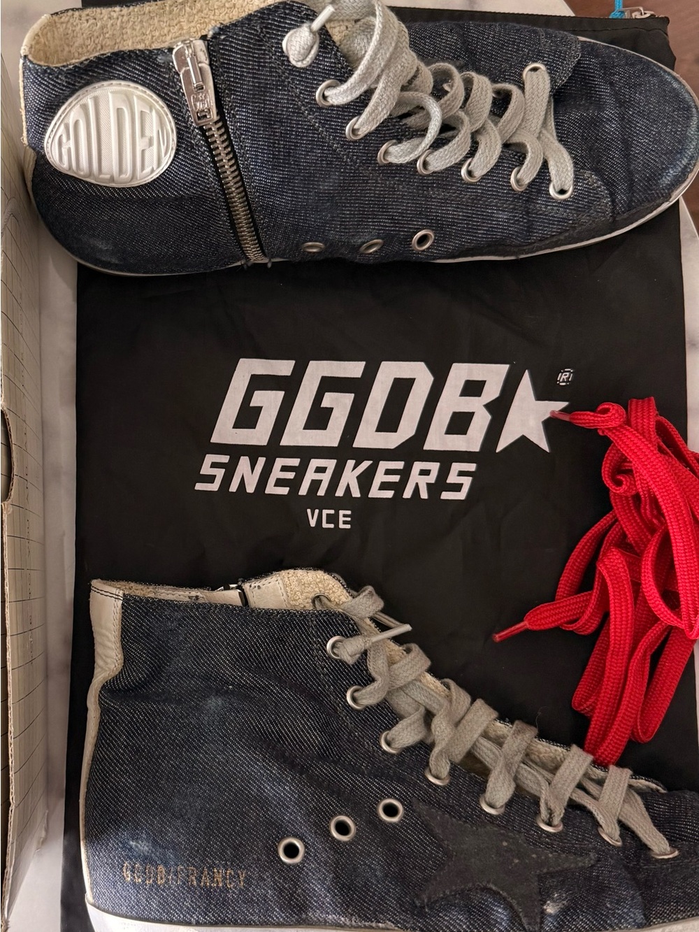Golden Goose Denim High-Top Sneakers with Gray and Red Laces